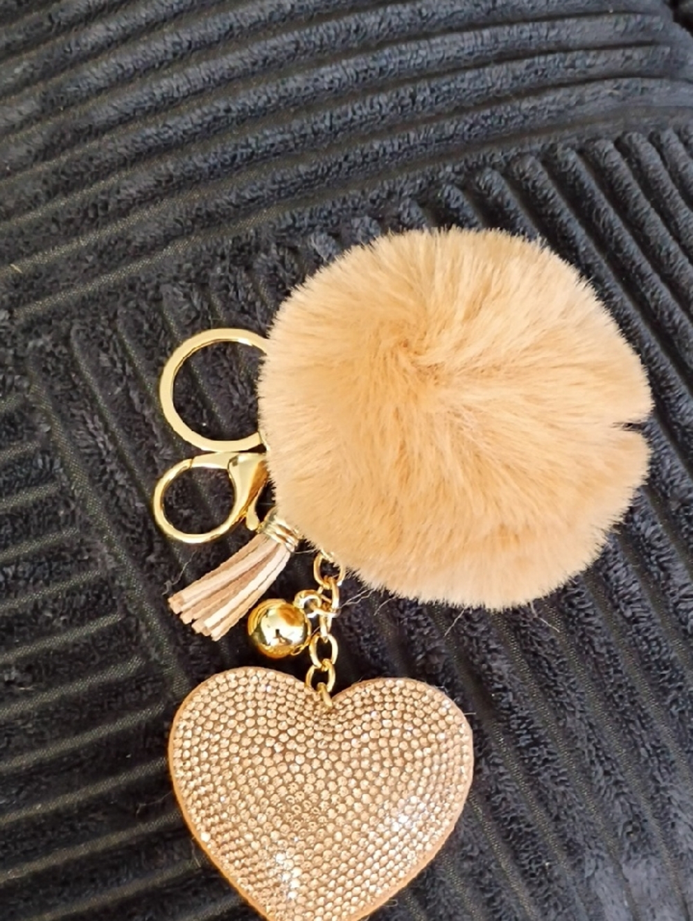 Plush Tan Pom-Pom Heart Bag Charm/Keychain with Rhinestone Accent